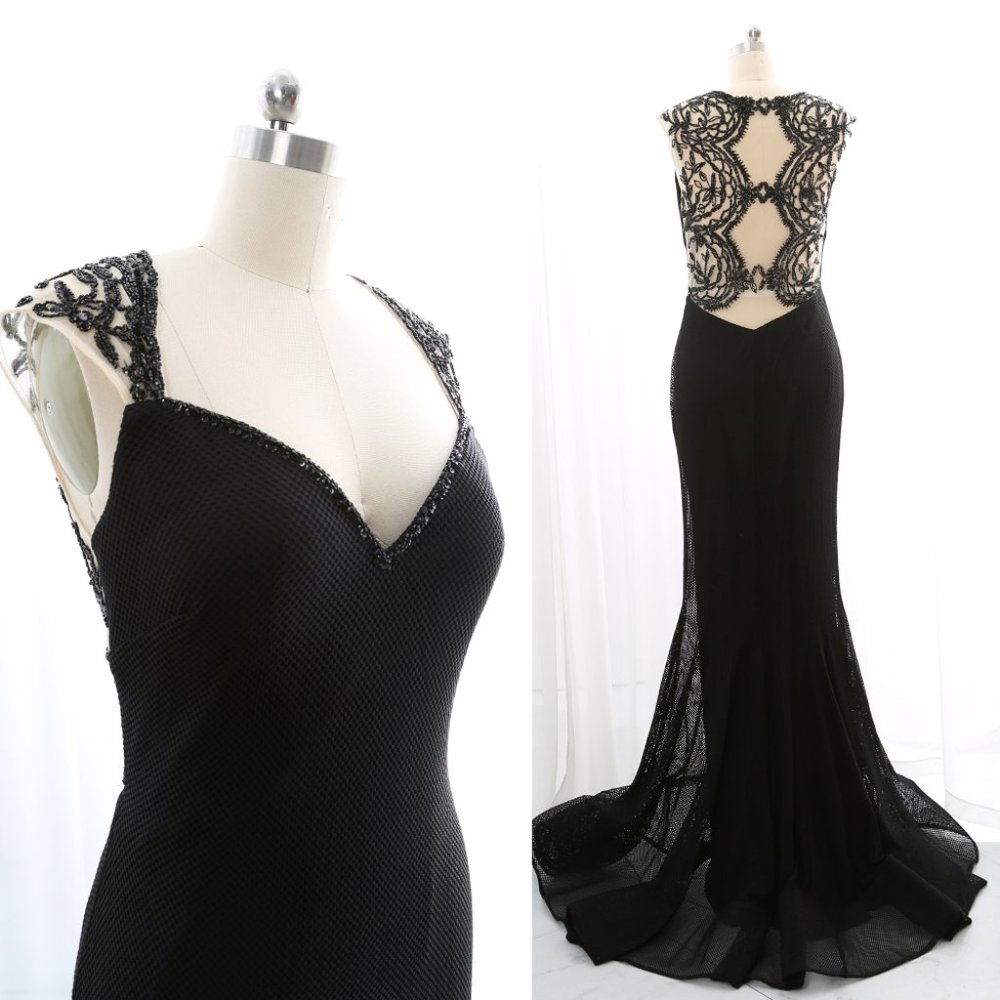 Mermaid Cap Sleeves Beaded Black Prom Dress Formal Evening Gown